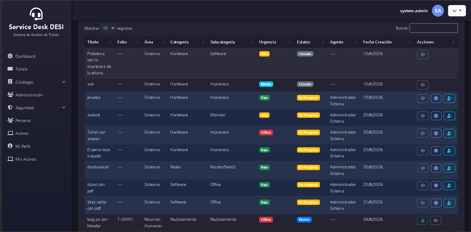 HelpDesk - captura del sistema
